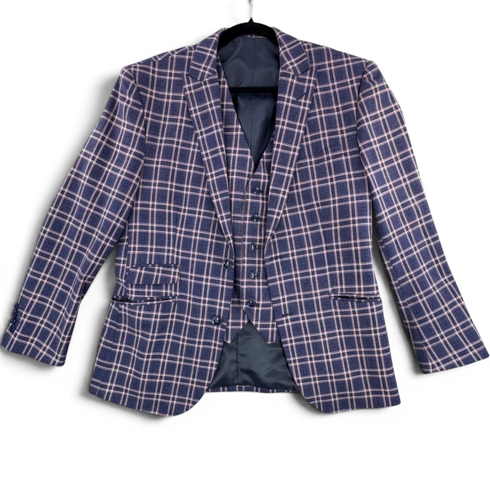 Alain Dupetit Mens Blue Rose Plaid Slim Fit Blazer and Vest Set 40S 34W AD-009